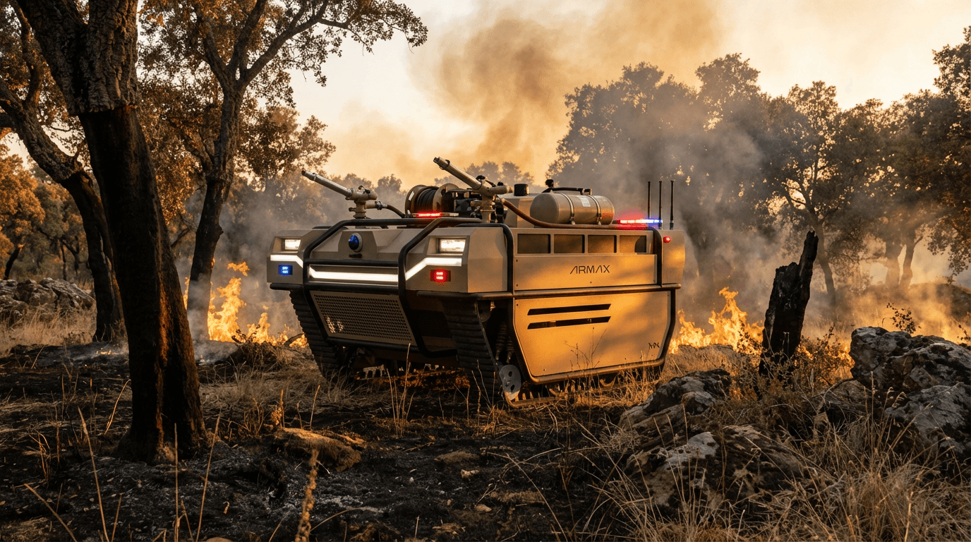 ARMAX heavy UGV carrying firefighting support equipment near active fire
