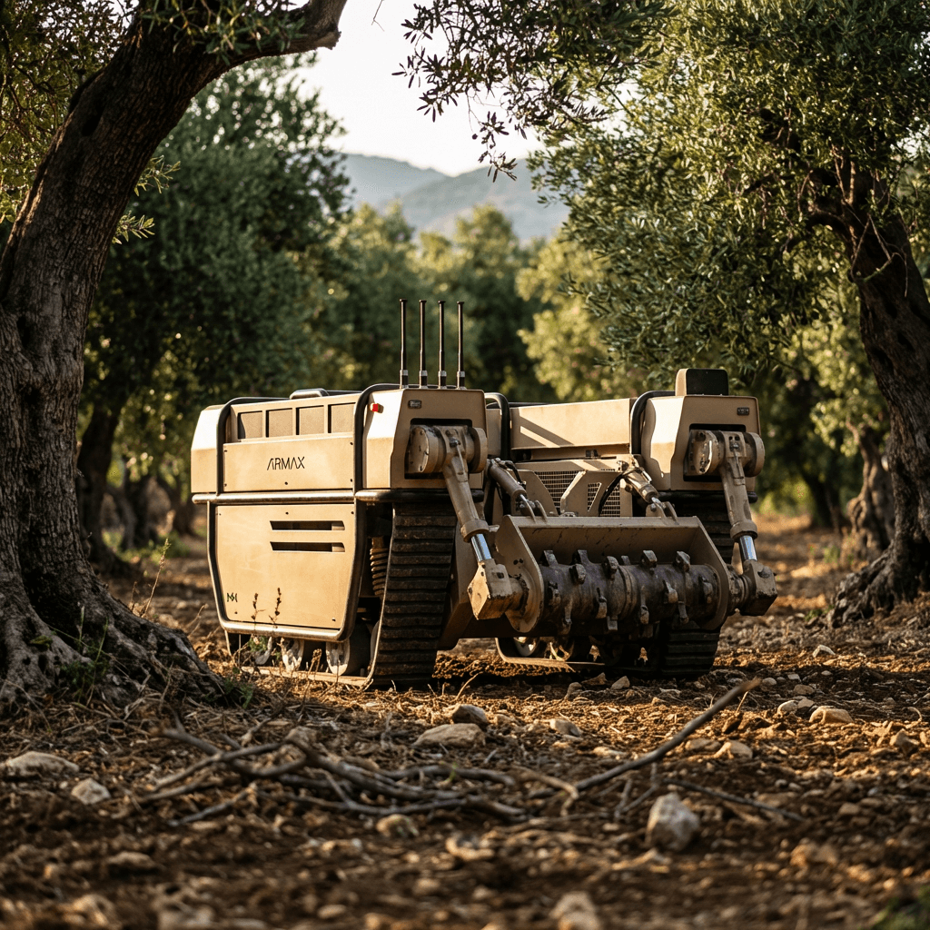 ARMAX heavy-duty unmanned ground vehicle crossing rocky terrain