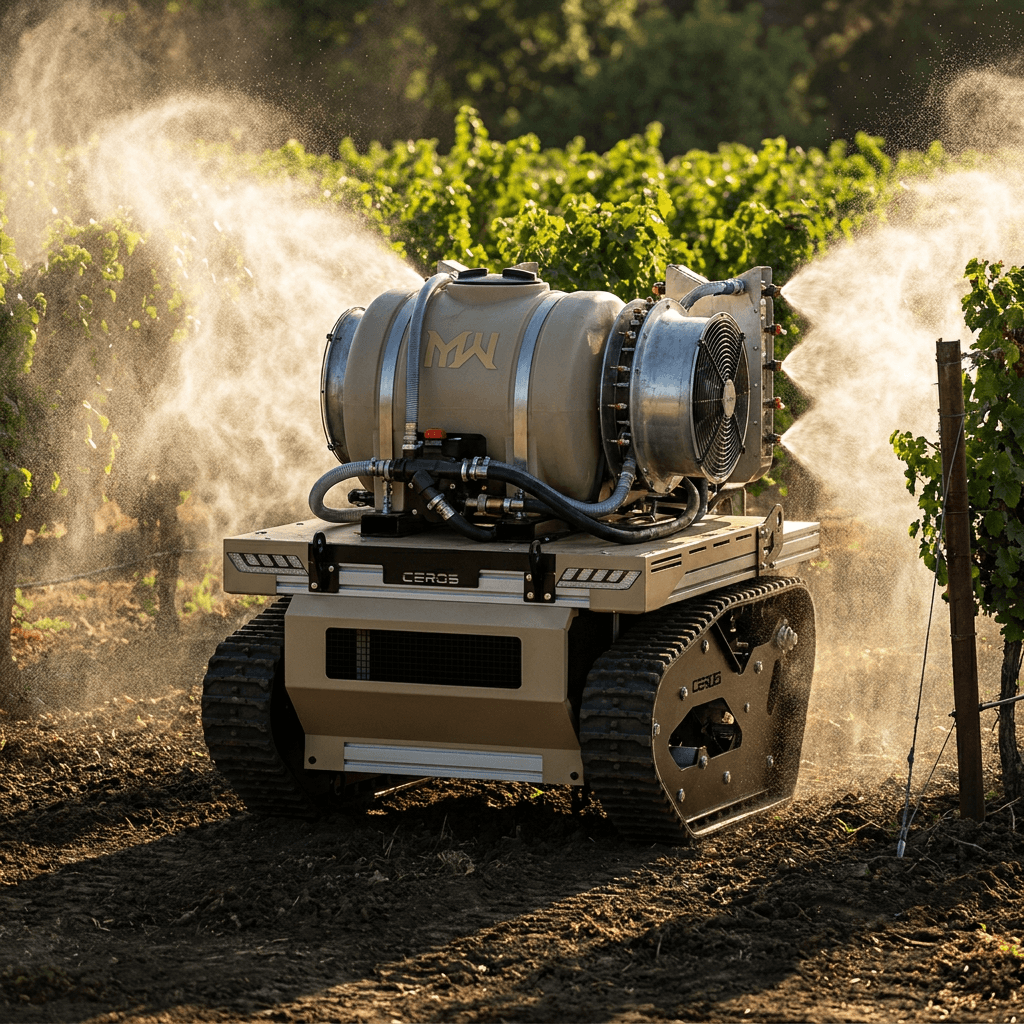 UGV leve CEROS com carga de pulverização agrícola numa vinha