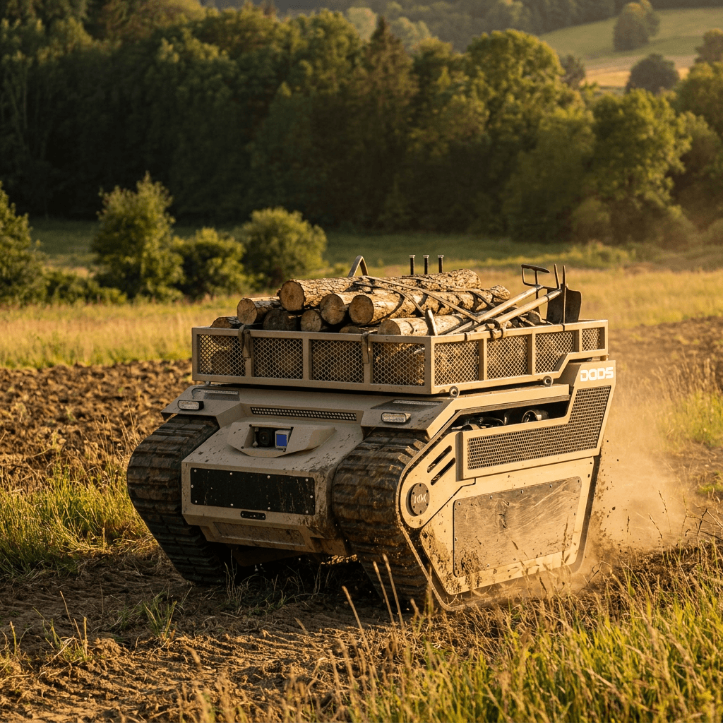 UGV de lagartas DODS a transportar cargas em terreno difícil