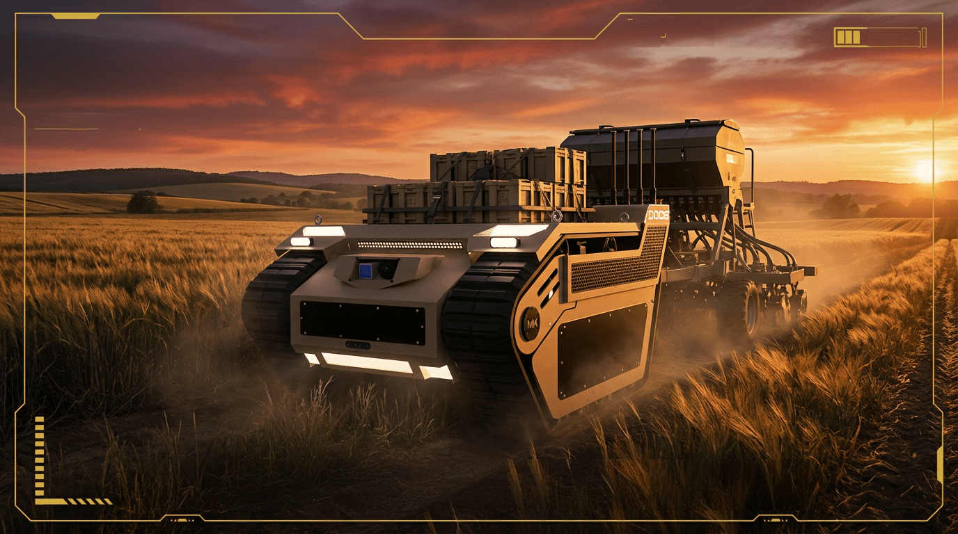UGV de lagartas DODS em missão de logística no campo ao pôr do sol